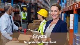  Presentation with warehouse - Colorful PPT layouts enhanced with tie up - business woman standing in front backdrop and a coral colored foreground