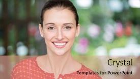  Presentation with home - Presentation theme having tie up - close-up portrait of beautiful woman background and a coral colored foreground