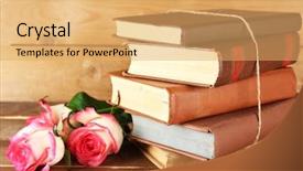  Presentation with singled green pink rose - Beautiful presentation theme featuring tied books with pink roses backdrop and a yellow colored foreground