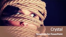  Presentation with violence woman - PPT theme enhanced with tied up scared woman face background and a coral colored foreground