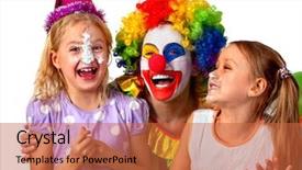  Presentation with happy birthday cake - Colorful PPT layouts enhanced with tiers - birthday children clown eating cake backdrop and a red colored foreground