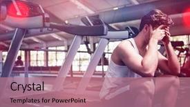  Presentation with treadmill - Theme having tiers - tired man sitting on treadmill background and a coral colored foreground