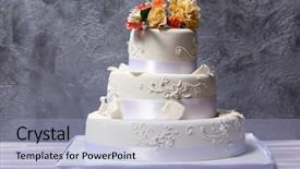  Presentation with slice of decorated cake - Audience pleasing PPT theme consisting of tiers - wedding cake decorated with flowers backdrop and a light blue colored foreground