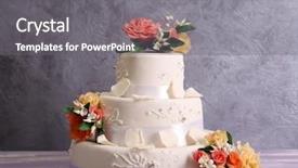  Presentation with slice of decorated cake - Presentation design enhanced with tiers - white wedding cake decorated background and a gray colored foreground