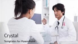  Presentation with pink ribbon breast awareness - PPT layouts having ties cancer - pink awareness ribbon against doctor background and a light gray colored foreground