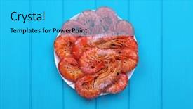  Presentation with risk top view - Audience pleasing slide set consisting of tiger material - cooked shrimps top view close-up backdrop and a cyan colored foreground