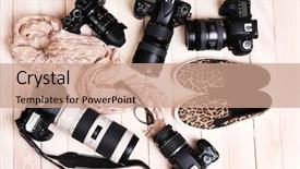  Presentation with cameras - Colorful PPT theme enhanced with tigerprint - still life with modern cameras backdrop and a coral colored foreground