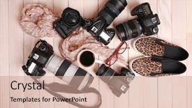  Presentation with cameras - Presentation design featuring tigerprint - still life with modern cameras background and a coral colored foreground