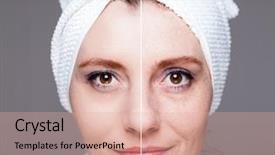  Presentation with aging skin - Amazing slide deck having tighten - happy woman after beauty treatment backdrop and a coral colored foreground