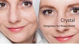  Presentation with aging skin - Presentation with tighten - happy woman after beauty treatment background and a coral colored foreground