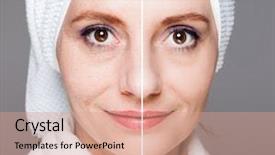 Presentation with aging skin - Colorful PPT theme enhanced with tighten - happy woman after beauty treatment backdrop and a coral colored foreground