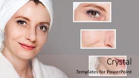  Presentation with aging skin - Colorful presentation design enhanced with tighten - happy woman after beauty treatment backdrop and a coral colored foreground