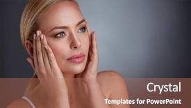  Presentation with aging skin - PPT theme having tighten - woman tightening skin on face background and a coral colored foreground
