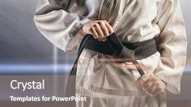  Presentation with karate - Beautiful presentation theme featuring tighten up - fighter tightening karate belt backdrop and a gray colored foreground