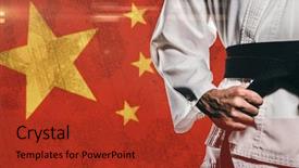  Presentation with karate - Audience pleasing PPT theme consisting of tighten up - fighter tightening karate belt backdrop and a red colored foreground