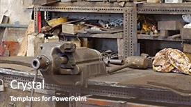  Presentation with workshop tools - Slide deck with tighten up - messy workshop table with vise background and a tawny brown colored foreground