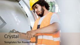  Presentation with worker - PPT layouts enhanced with tighten up - young manual worker tightening bolts background and a  colored foreground