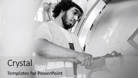  Presentation with worker - Presentation theme with tighten up - young manual worker tightening bolts background and a  colored foreground