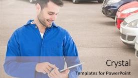  Presentation with mechanic tablet - Slide set consisting of tile showroom - composite image of smiling mechanic background and a soft green colored foreground