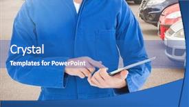  Presentation with mechanic tablet - Audience pleasing slides consisting of tile showroom - mid section of mechanic using backdrop and a teal colored foreground