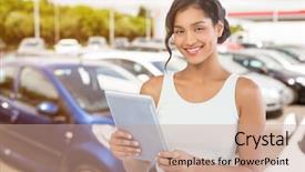 Presentation with tablet - PPT layouts having tile showroom - portrait of smiling businesswoman using background and a coral colored foreground