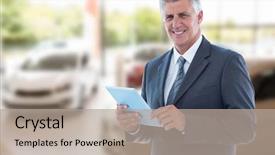  Presentation with mechanic inspection tablet - Theme enhanced with tile showroom - smiling businessman using his tablet background and a mint green colored foreground