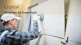  Presentation with home renovation - PPT theme enhanced with tiler installing large format tile on wall home indoors renovation background and a coral colored foreground
