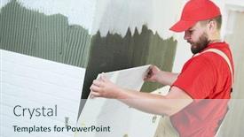  Presentation with home renovation - PPT theme featuring tiler-installing-large-size-tile background and a sky blue colored foreground