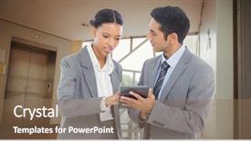  Presentation with elevator - Presentation design consisting of tiles slide - business people discussing over digital background and a  colored foreground