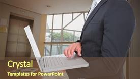  Presentation with laptop - Slide deck featuring tiles slide - businessman holding laptop against foyer background and a tawny brown colored foreground