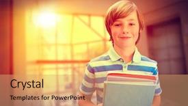  Presentation with pupil - Beautiful presentation theme featuring tiles slide - cute pupil smiling at camera backdrop and a coral colored foreground