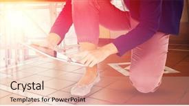  Presentation with kneeling - Slide set featuring tiles slide - low section of businesswoman kneeling background and a lemonade colored foreground