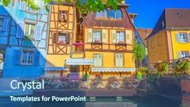  Presentation with bridge - Slide deck consisting of timber bridge - town of colmar background and a ocean colored foreground