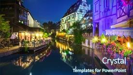  Presentation with town hall sky scrappers - Beautiful PPT theme featuring timber bridge - town of colmar backdrop and a navy blue colored foreground