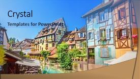  Presentation with bridge - Slide deck with timber bridge - town of colmar background and a light blue colored foreground