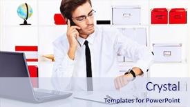  Presentation with cell - Amazing slide deck having time - handsome businessman is calling backdrop and a sky blue colored foreground