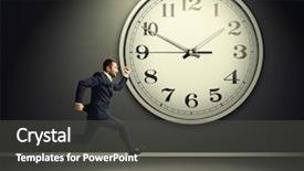  Presentation with clock - Audience pleasing slides consisting of smiling business woman stands over gray wall background with business icons backdrop and a gray colored foreground.