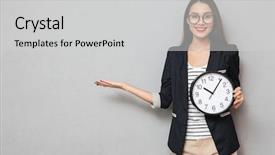  Presentation with woman business - Presentation design consisting of time - smiling asian business woman background and a light gray colored foreground