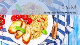  Presentation with garlic - Slide set featuring dine time - spaghetti aglio e olio background and a light blue colored foreground