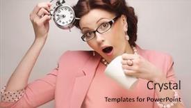  Presentation with cold brew coffee - Amazing PPT theme having young businesswoman having a coffee backdrop and a coral colored foreground