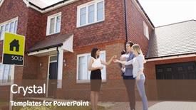  Presentation with new home - PPT layouts consisting of time - young family collecting keys background and a tawny brown colored foreground