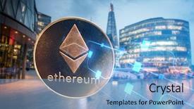  Presentation with smart city - Amazing PPT layouts having time animation - ethereum against skyscrapers - futuristic backdrop and a light blue colored foreground