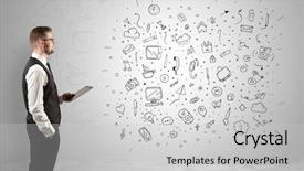  Presentation with infinity - Slide set enhanced with time animation - handsome businessman with social media background and a light gray colored foreground