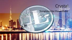  Presentation with smart city - PPT layouts enhanced with time animation - litecoin against skyscrapers - futuristic background and a coral colored foreground