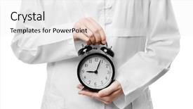  Presentation with alarm - Presentation design having time attendance - doctor holding alarm clock background and a white colored foreground