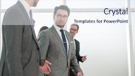  Presentation with two people talking - Theme enhanced with time attendance - two businesspeople walking in corridor background and a sky blue colored foreground