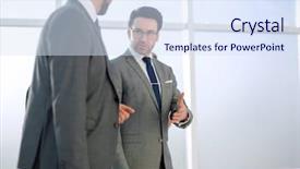  Presentation with two people talking - Audience pleasing slides consisting of time attendance - two businesspeople walking in corridor backdrop and a sky blue colored foreground