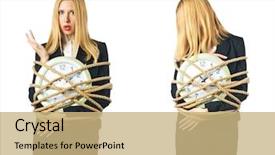  Presentation with clock - Beautiful slides featuring time bound - businesswoman with clock tied up backdrop and a coral colored foreground