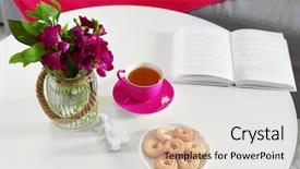  Presentation with tea - PPT theme consisting of time composition on white table background and a light gray colored foreground