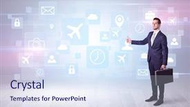  Presentation with time travel - Amazing theme having time entry - businessman departs to a business backdrop and a sky blue colored foreground